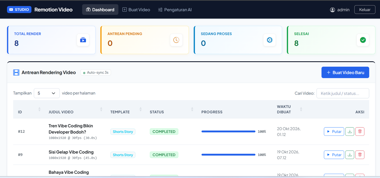 Web Generator Video Vertikal Berbasis React Remotion & Google Gemini AI
